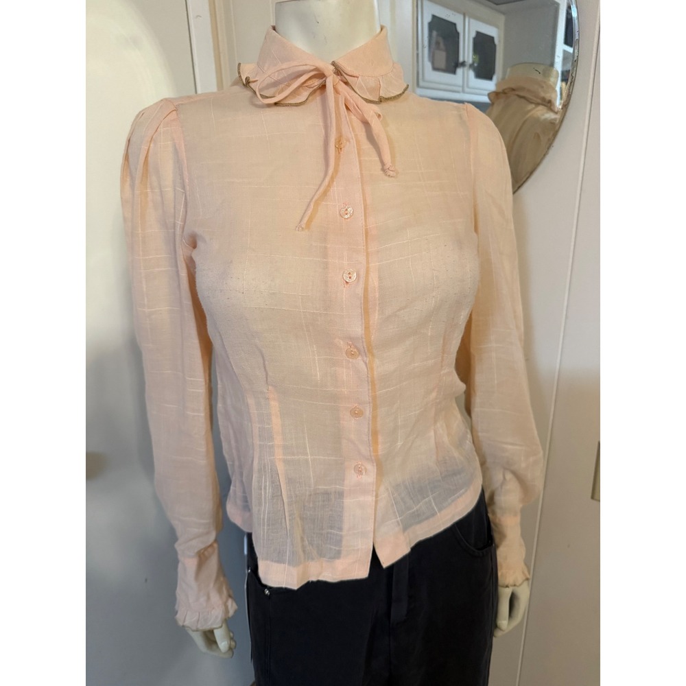 Vintage Tomboy Peach Ruffle Tie Neck Blouse Green Embroidered Trim Prairie M